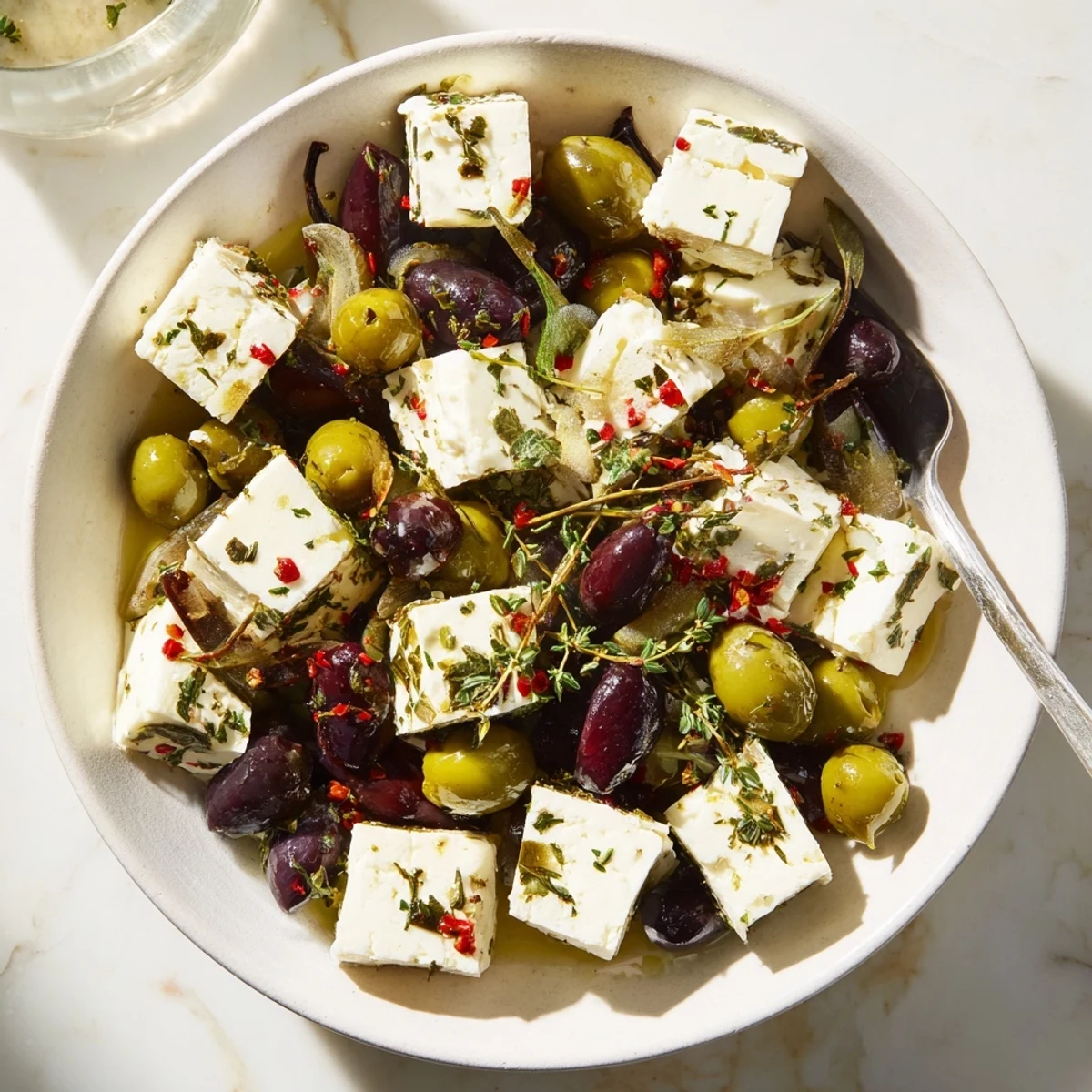 Holiday Mix: Mixed Olives with Feta Cubes, glistening with olive oil and fresh parsley garnish.