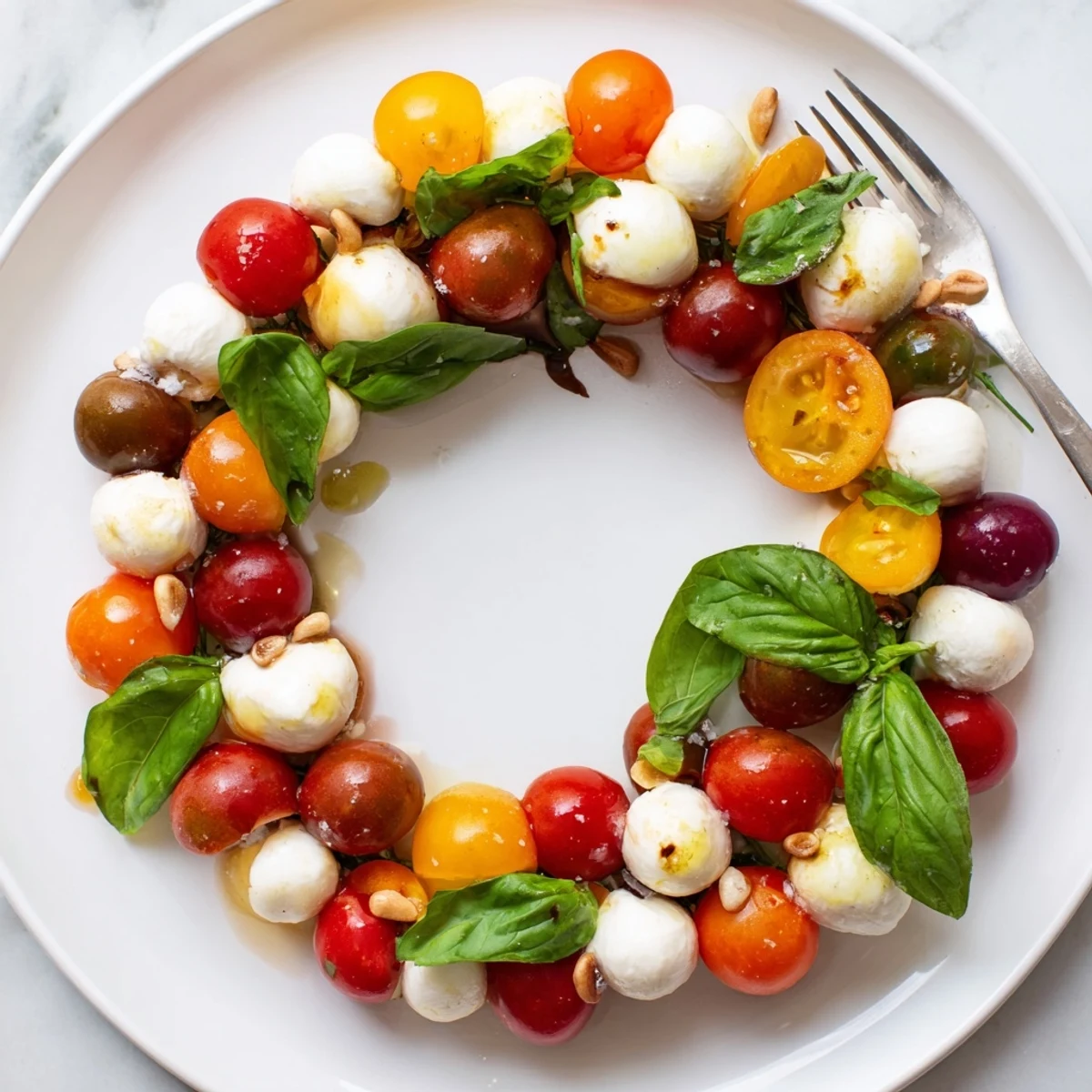 Vibrant Appetizer Wreath: A colorful cherry tomato and basil ring artfully arranged for sharing.