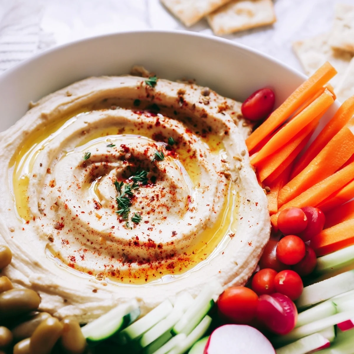 A colorful River Delta Flow appetizer with fresh vegetables merging into a creamy hummus river.