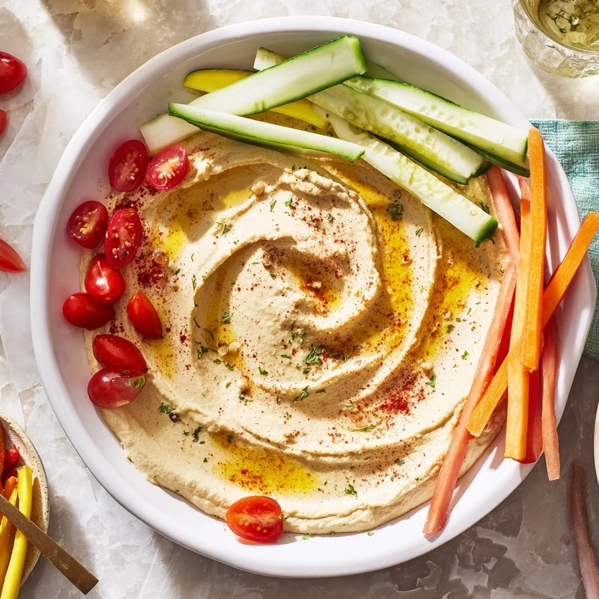 Beautiful River Delta Flow arrangement, with colorful veggie tributaries flowing into central dip for dipping.