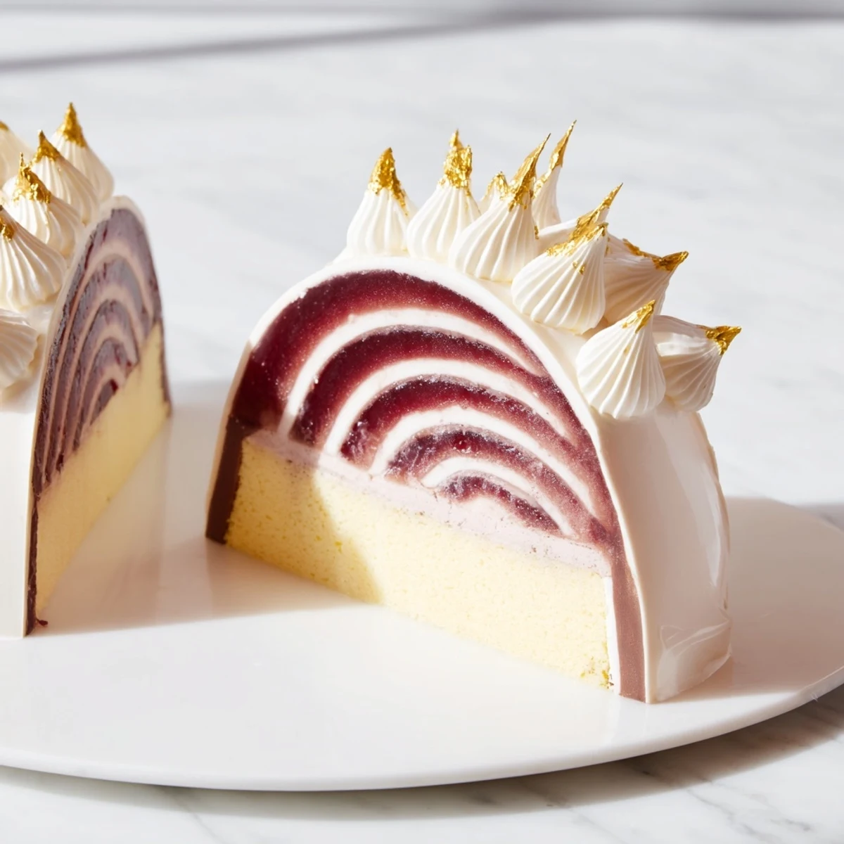 Delicate layers of the Golden Ratio Shell dessert, beautifully arranged with contrasting colors and textures.