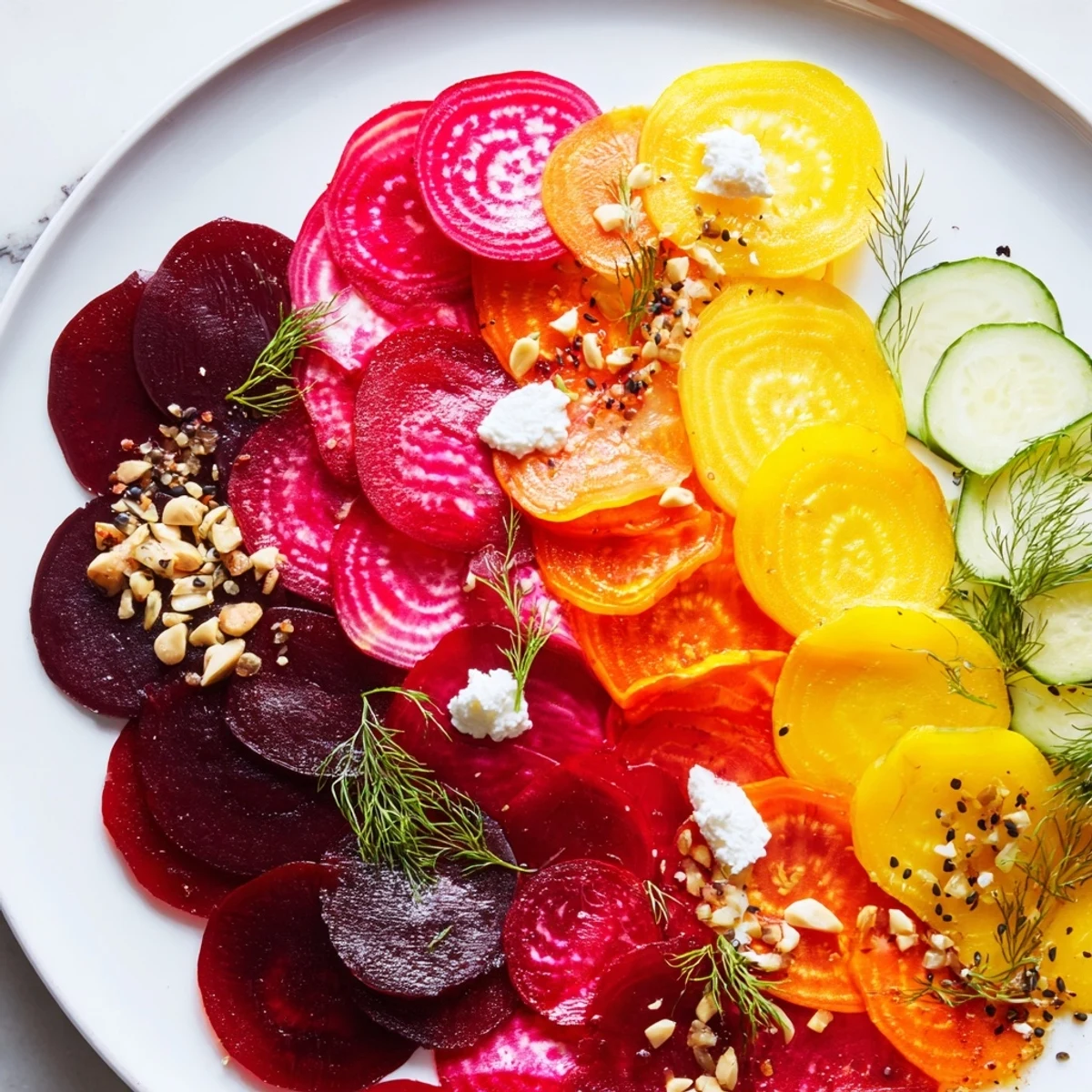 Vibrant The Kinetic Motion Blur appetizer displays thinly sliced beets and carrots with creamy goat cheese.