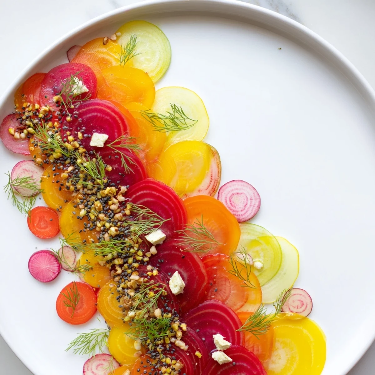 Deconstructed The Kinetic Motion Blur appetizer includes a visually stunning arrangement of fresh ingredients.