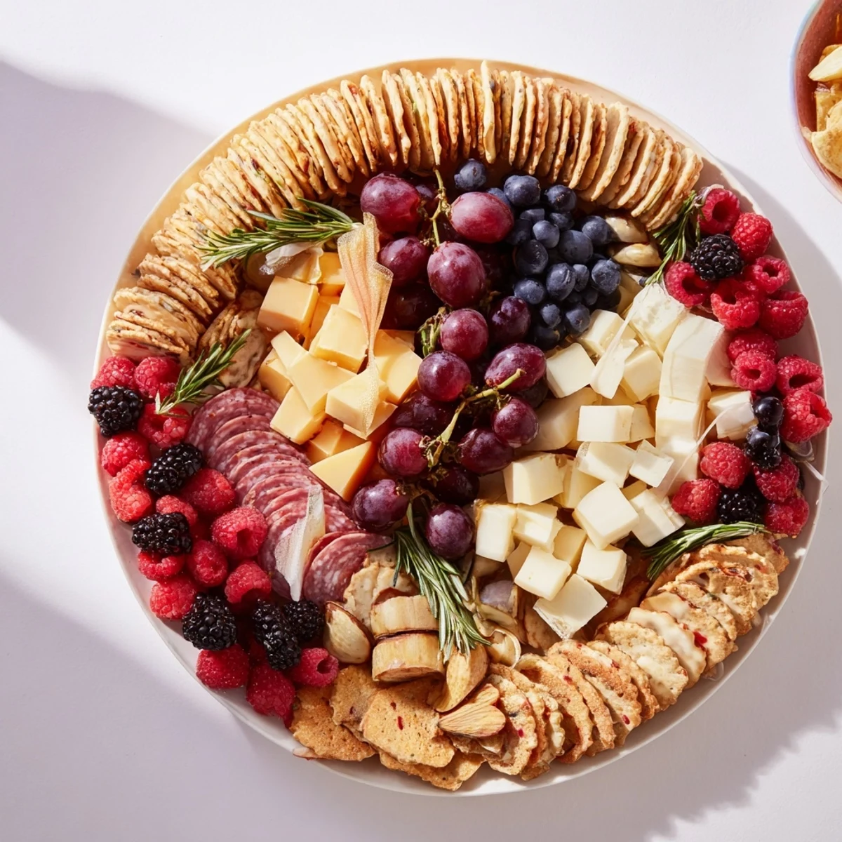 Artfully arranged Ouroboros Circle appetizer platter, featuring cheeses, fruits, and crackers in a stunning ring.