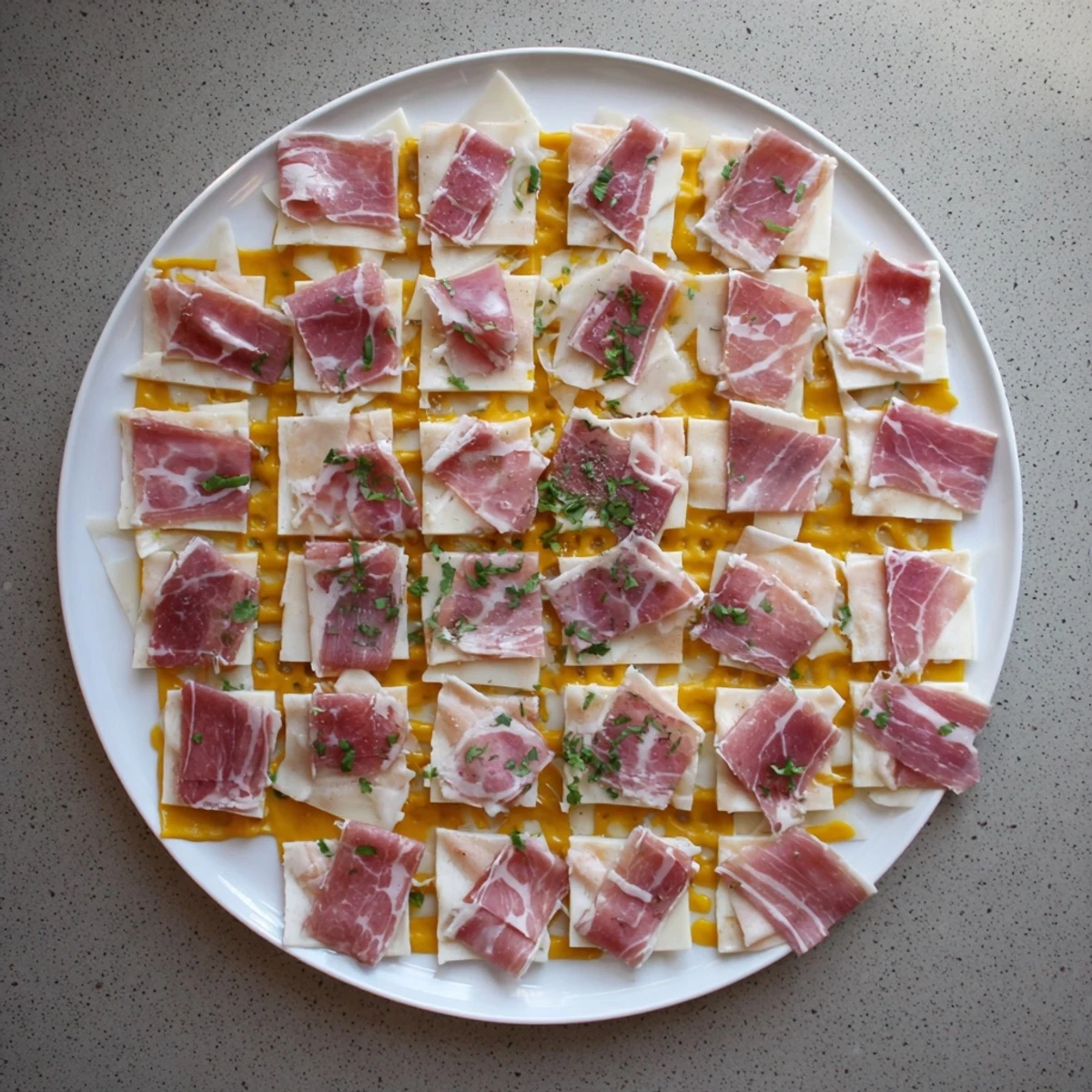 A visually appealing *Patchwork Quilt* appetizer ready to be enjoyed with flavorful meats and cheeses.