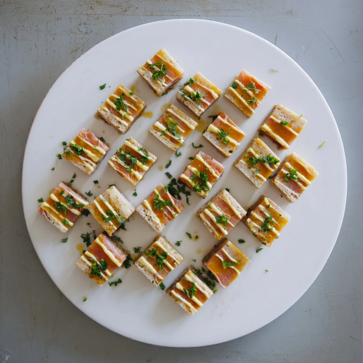 The vibrant *Patchwork Quilt* appetizer features colorful meat and cheese squares, artfully detailed with mustard.