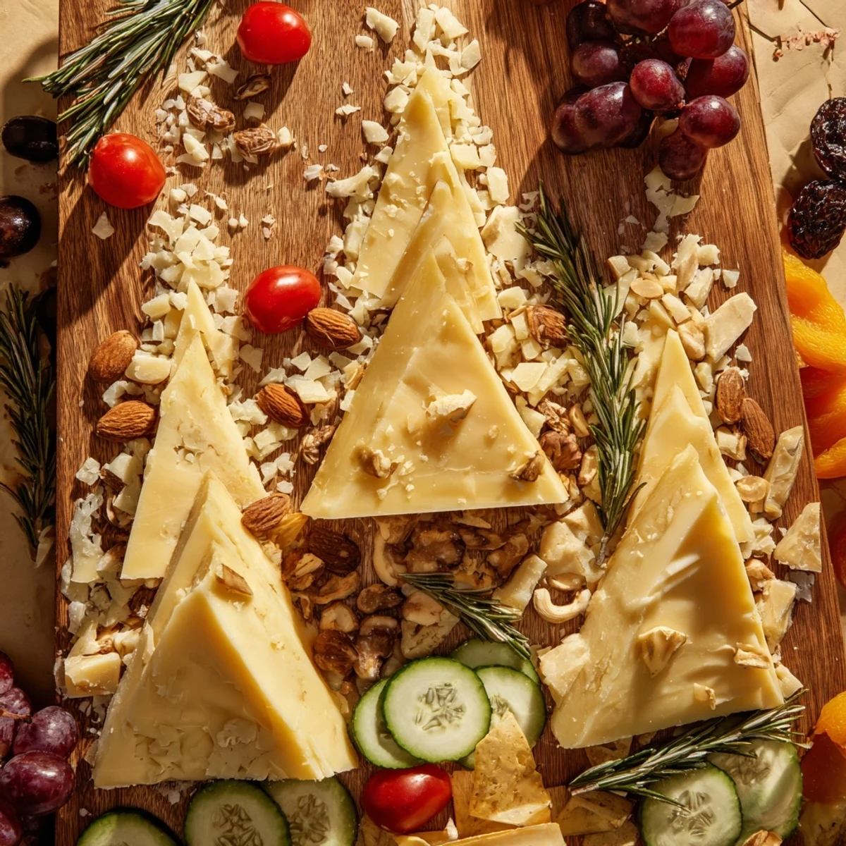 Sculptural Cheese Landscape featuring sharp Cheddar mountains next to creamy Brie, perfect for entertaining.