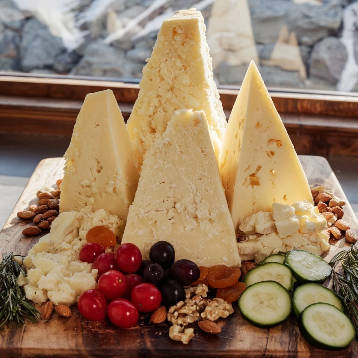 A decadent Sculptural Cheese Landscape with grapes, nuts, and a drizzle of honey; a party appetizer.