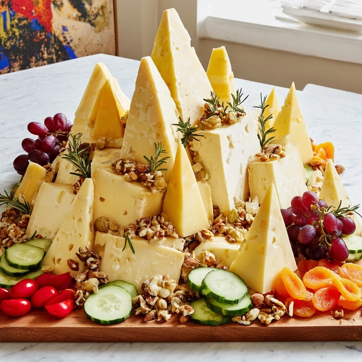 Explore the flavors of this Sculptural Cheese Landscape, with towering cheese peaks and fresh fruit.