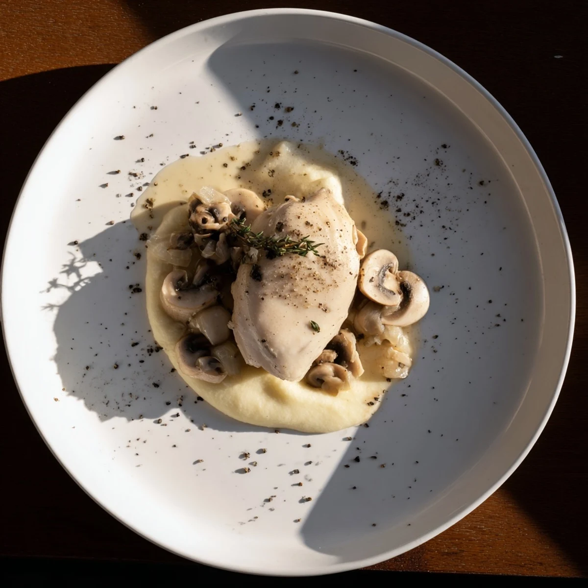 A plate featuring The Ghostly Gala: tender chicken with creamy cauliflower and shadowy pepper.