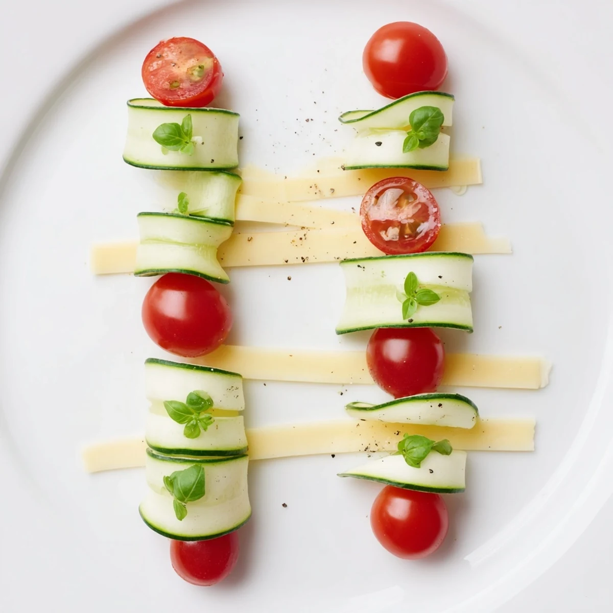 A party-ready Double Helix Genetic Code displays a healthy, vegetarian snack with mozzarella and cheddar cheese rungs.