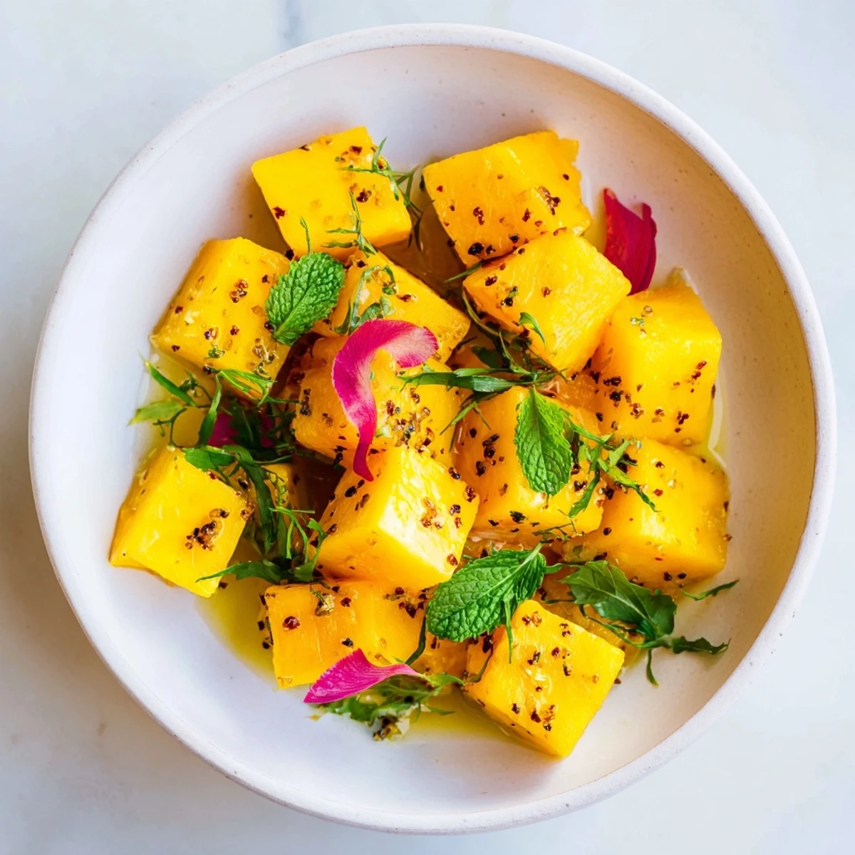 Vibrant "Sunlit Glade" salad: sunny yellow fruits surrounded by fresh greens, ready to enjoy.
