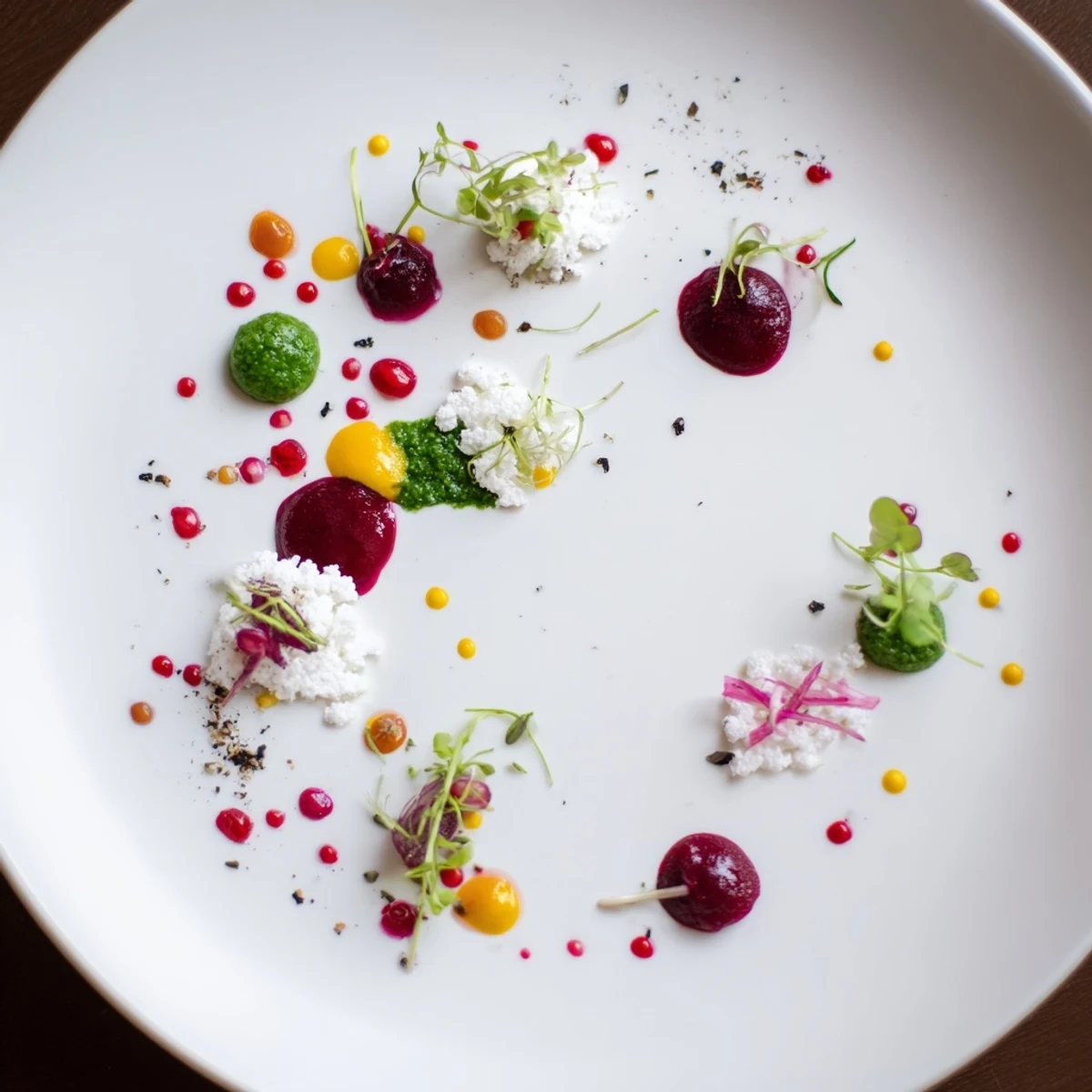 Vibrant Pointillism Dot Matrix appetizers with colorful vegetable purees and artful plating details.