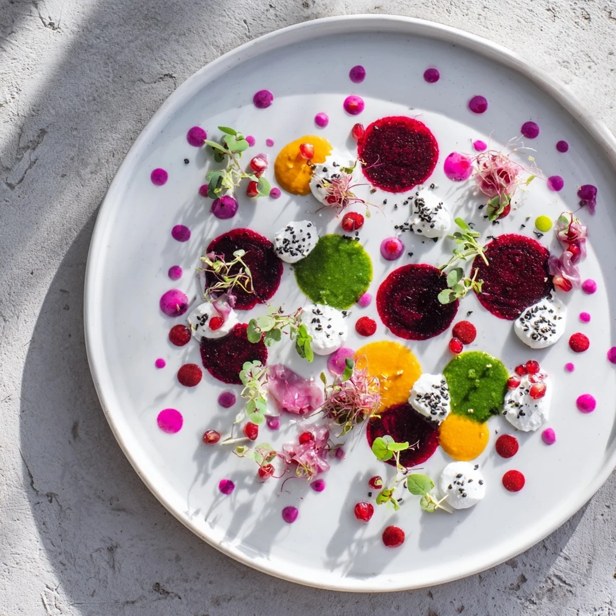 A close-up view of the Pointillism Dot Matrix appetizer showcasing a colorful, creative culinary presentation.