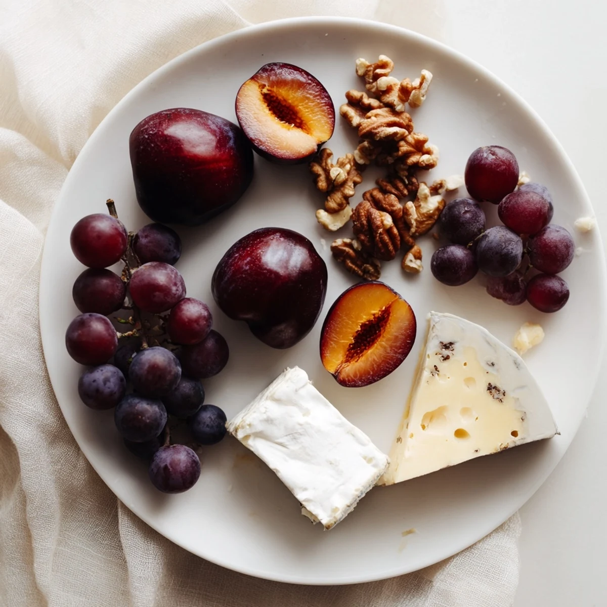 Imagine the Midnight Orchard: juicy cherries with plum wedges next to crumbled goat cheese, garnished with thyme.