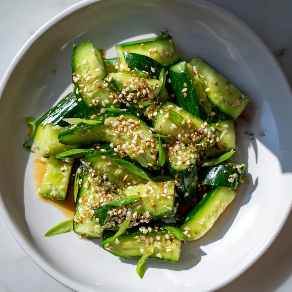 Crisp Cucumber Shaker salad, seasoned with MSG, sesame oil, and ready to serve for a quick meal.