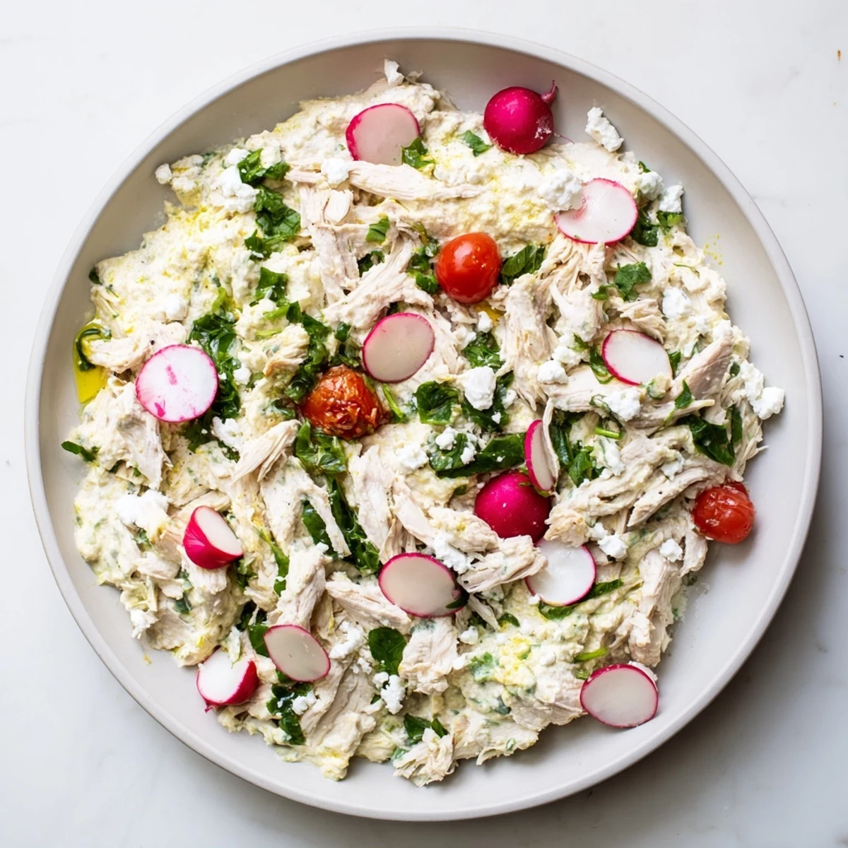 Creamy Green Goddess Chicken Nacho Dip, topped with warm shredded chicken and vibrant fresh herbs, perfect appetizer.