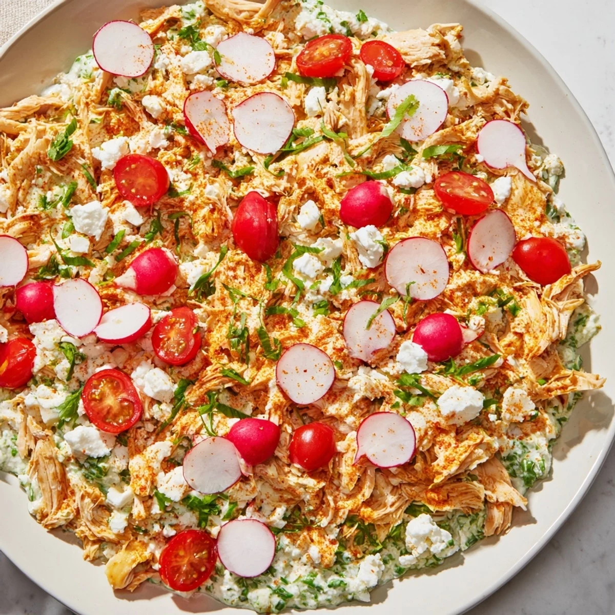 A close-up of Green Goddess Chicken Nacho Dip; imagine the creamy texture with crispy tortilla chips nearby.