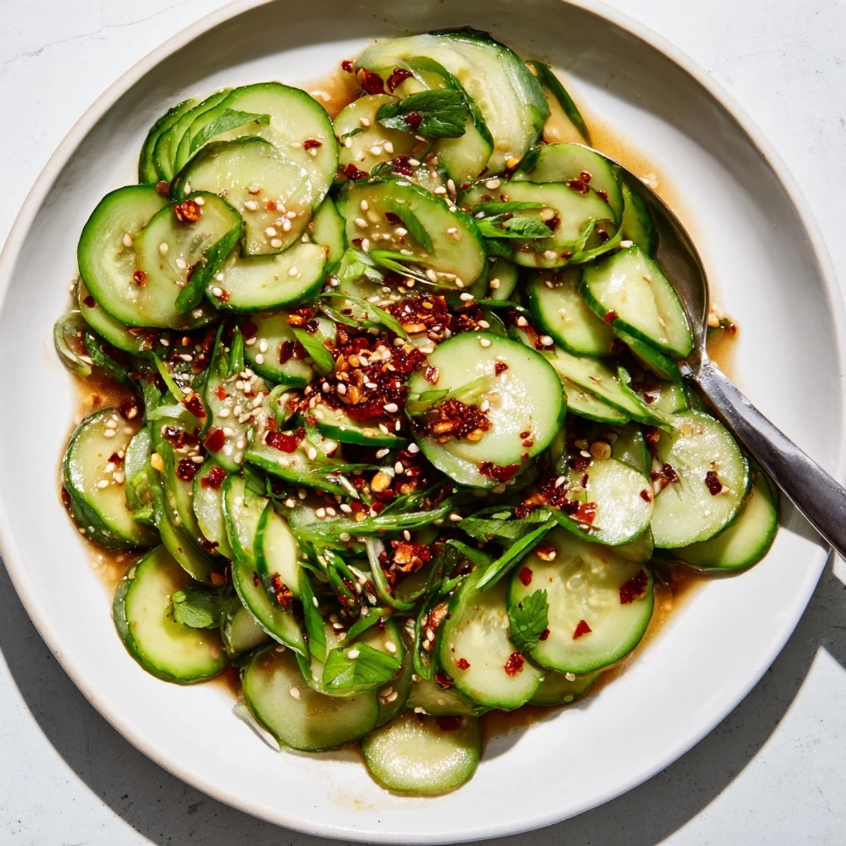 Vibrant Cucumber Shaker Salad with chili crisp: crunchy cucumbers and scallions coated in a tangy dressing.