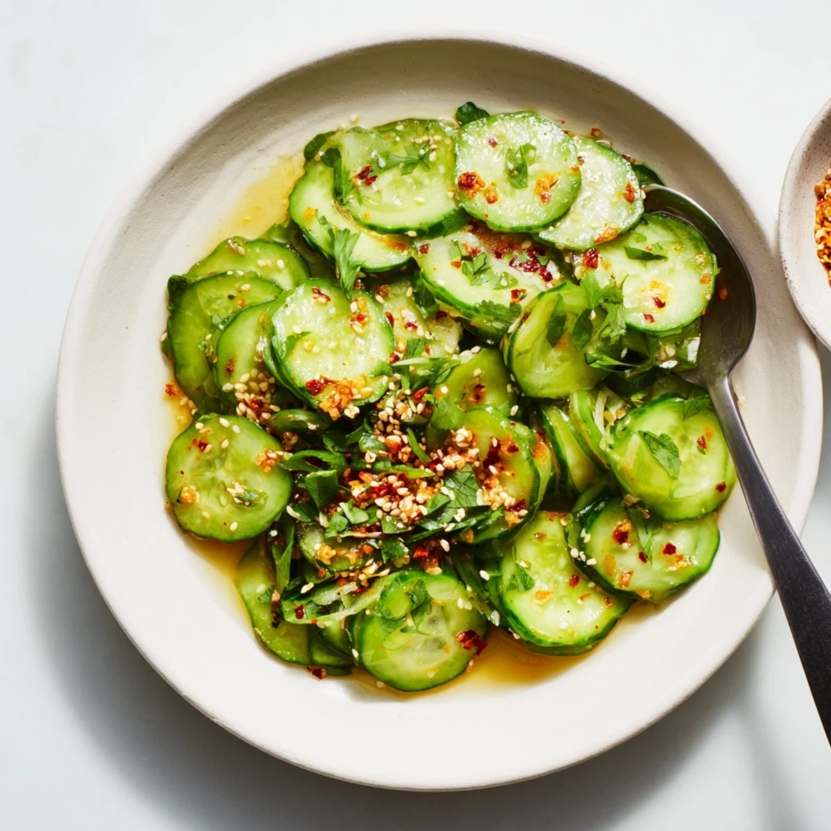 A cool, close-up shot of the flavorful Cucumber Shaker Salad, perfect for summer.