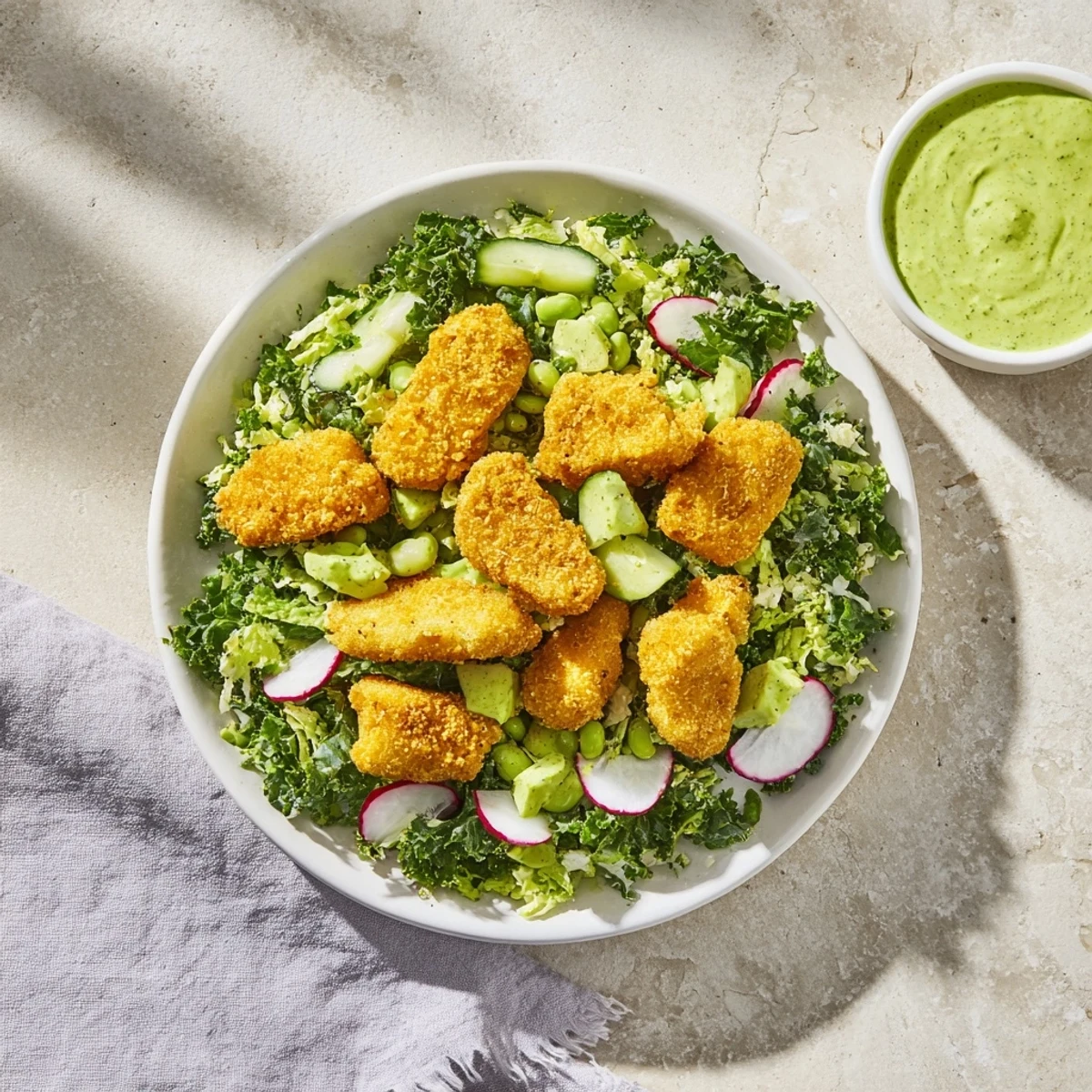 A bowl of vibrant Green Goddess Nugget Salad with crispy chicken and creamy dressing, ready to eat.
