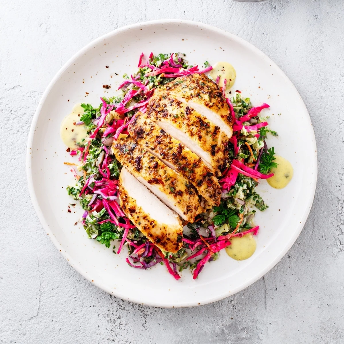 Green Goddess Cabbage Slaw with grilled chicken, a colorful meal ready for serving with fresh herbs.
