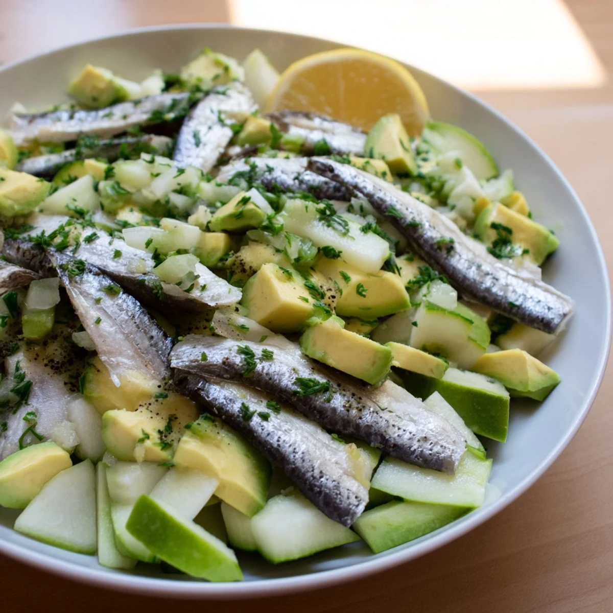 Bright green layers of cucumber and fresh herbs in this tasty Cucumber and Tinned Fish Date Night Salad.