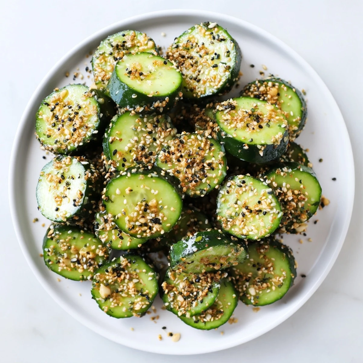 Fresh cucumber shaker with everything bagel seasoning glistening, ready for a simple snack.