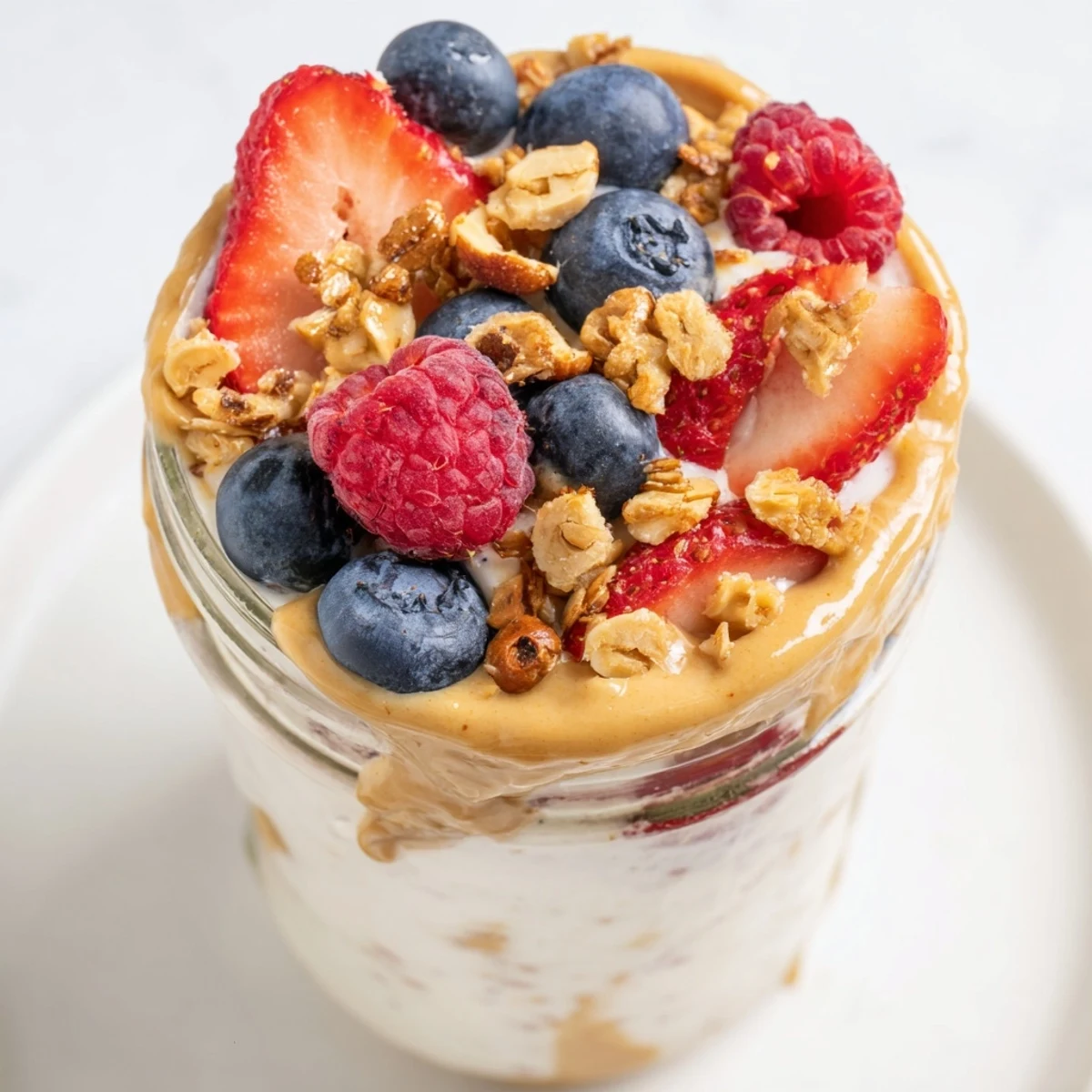 Cashew Butter Yogurt Parfait layered with vibrant berries, granola, and creamy cashew butter.