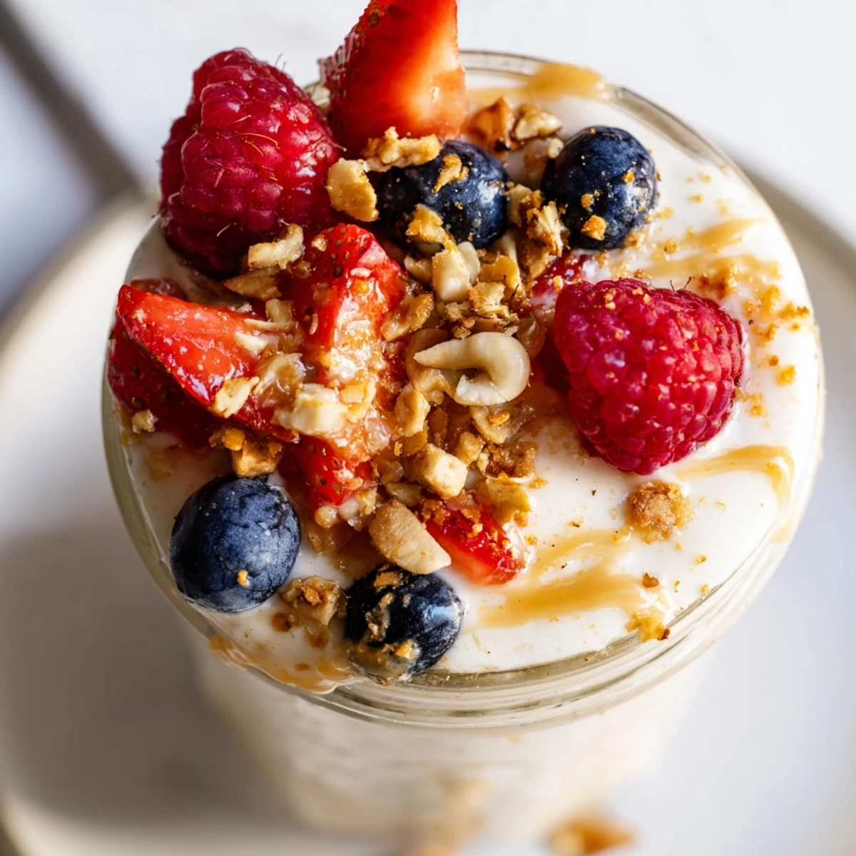 A delicious Cashew Butter Yogurt Parfait: see the rich, layered breakfast treat topped with fresh berries.