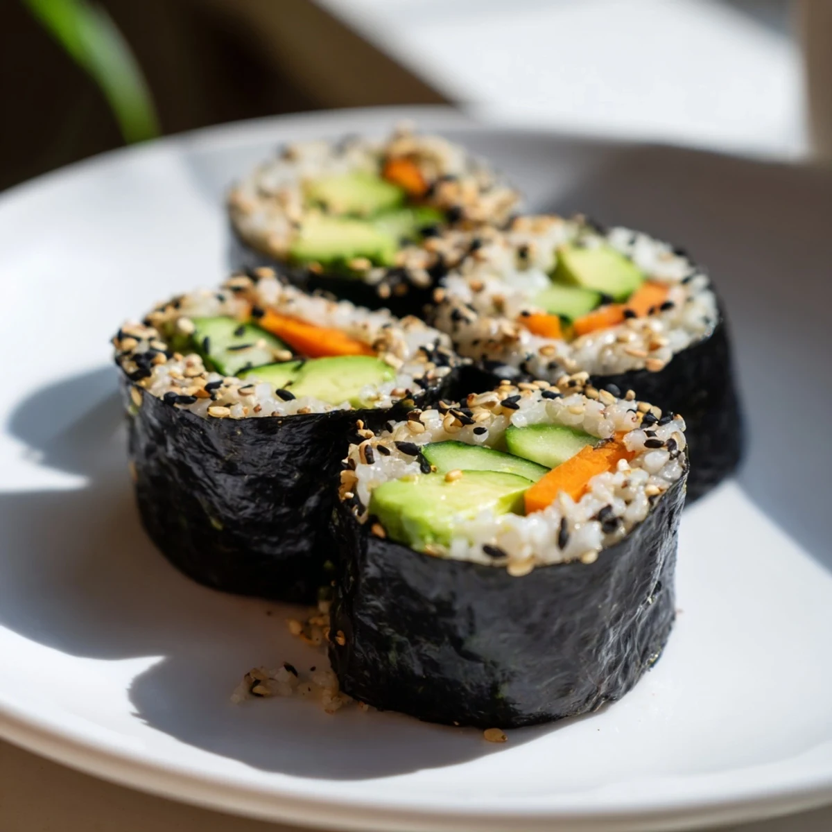 Vibrant avocado cucumber sushi rolls, beautifully arranged and ready to dip in soy sauce.
