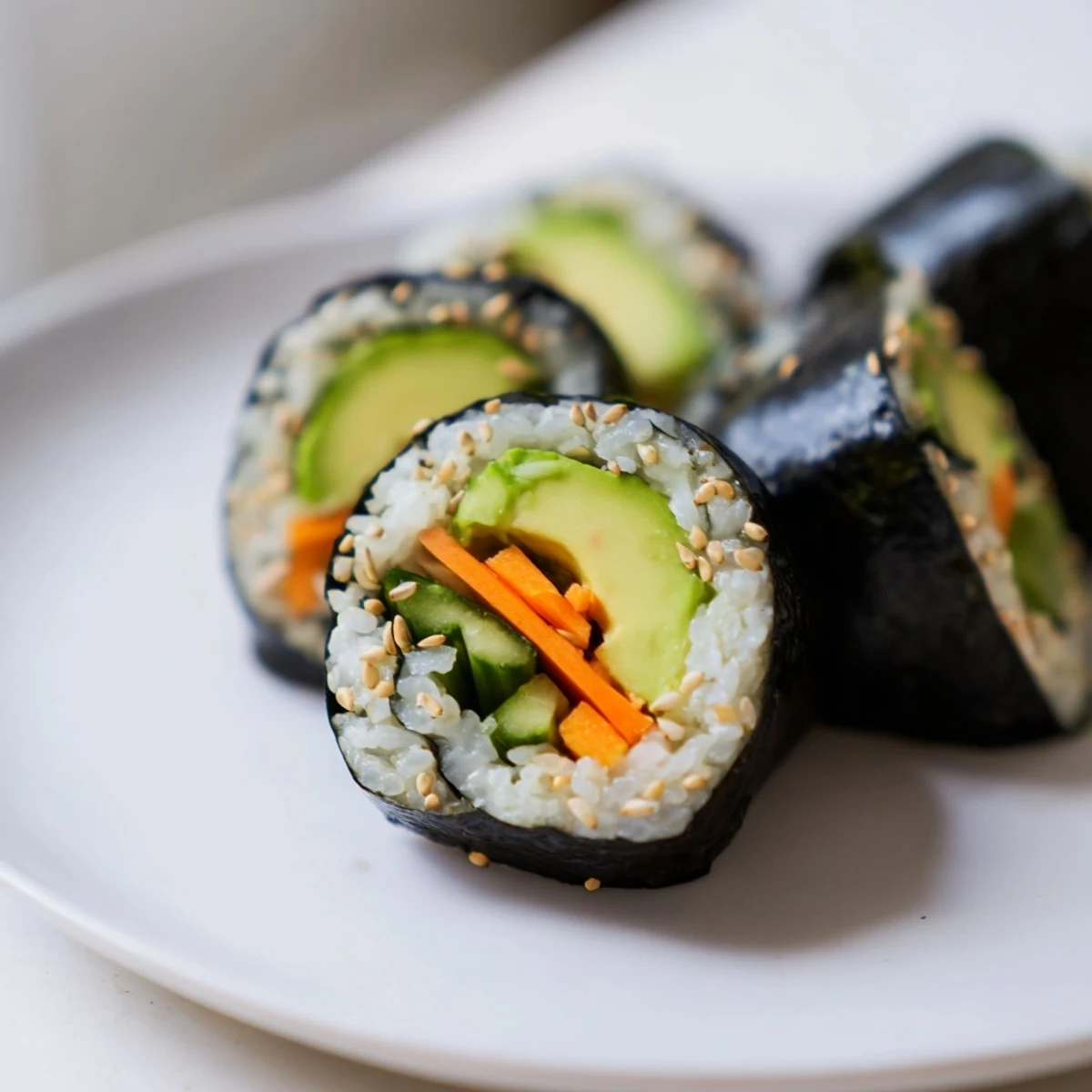 Enjoy homemade avocado cucumber sushi, with crisp cucumber and creamy avocado, perfect for a meal.