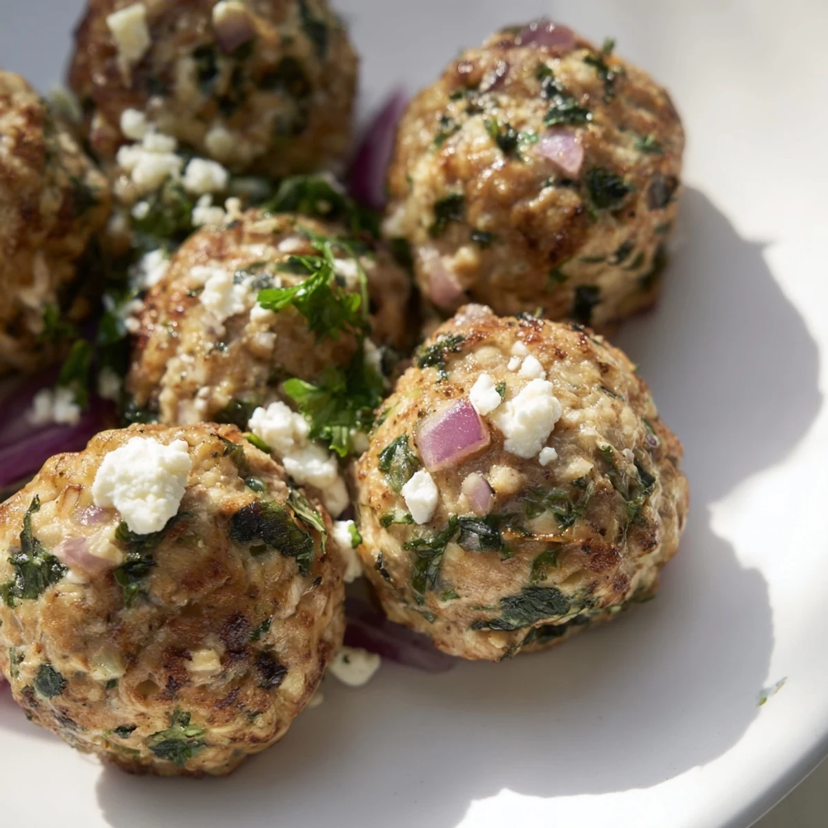 Golden-brown spinach feta turkey meatballs, served on a white plate with fresh parsley garnish.