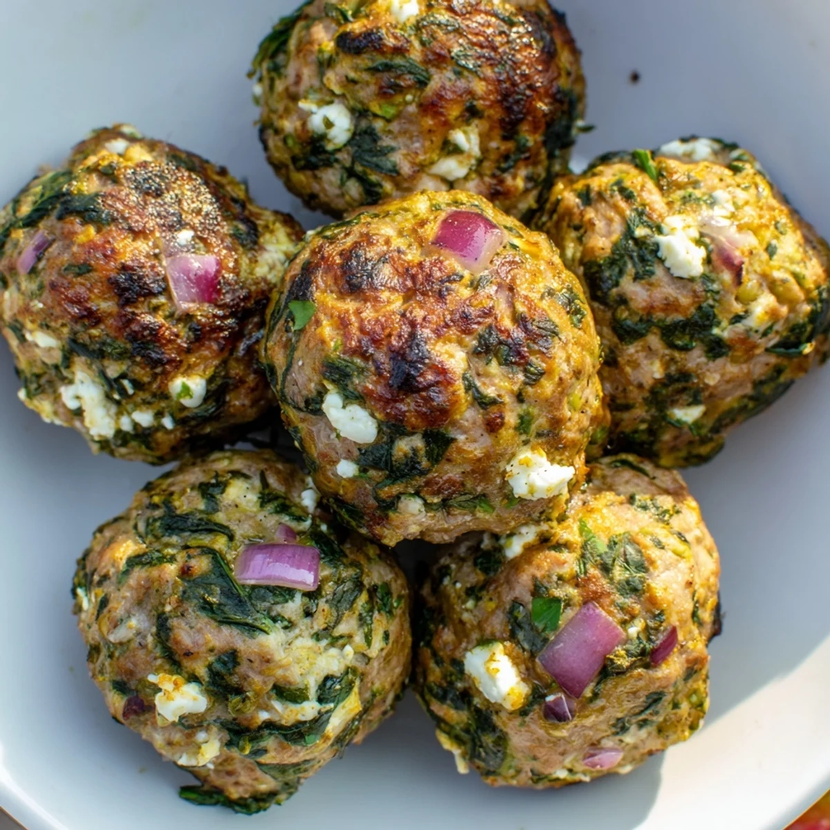 Sizzling close-up of baked spinach feta turkey meatballs, perfect for a healthy weeknight dinner.