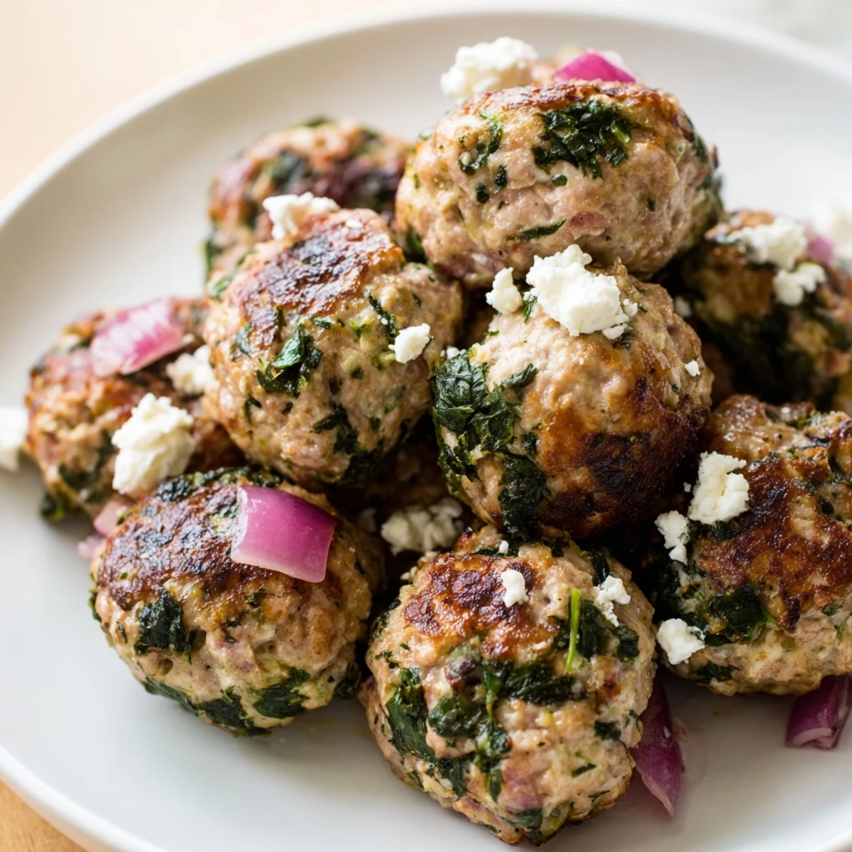 Delicious, juicy spinach feta turkey meatballs with visible feta cheese crumbles, ready to be enjoyed.