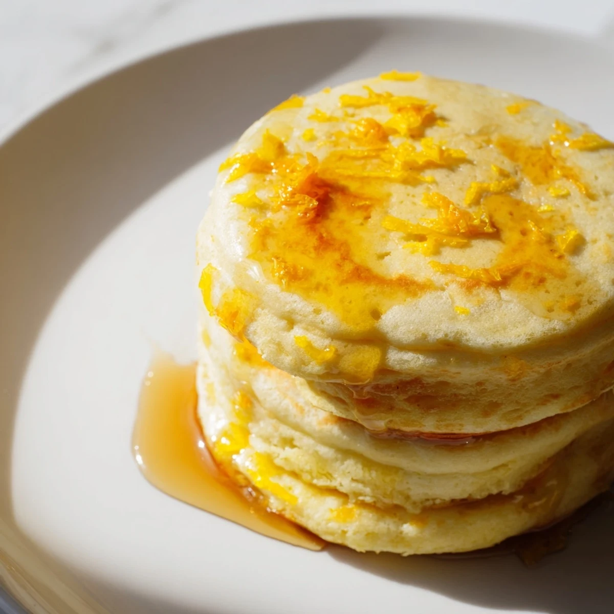 A plate of delicious and warm Lemon Ricotta Pancakes, cooked to golden perfection with a lemon zest hint.