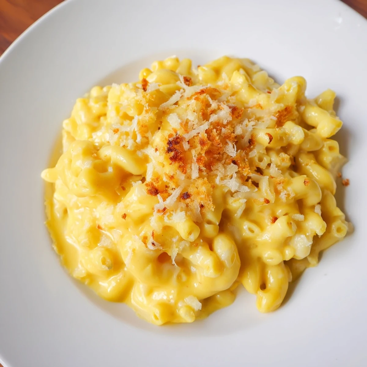 Hot and creamy butternut squash mac and cheese, ready to serve with a garnish of herbs.