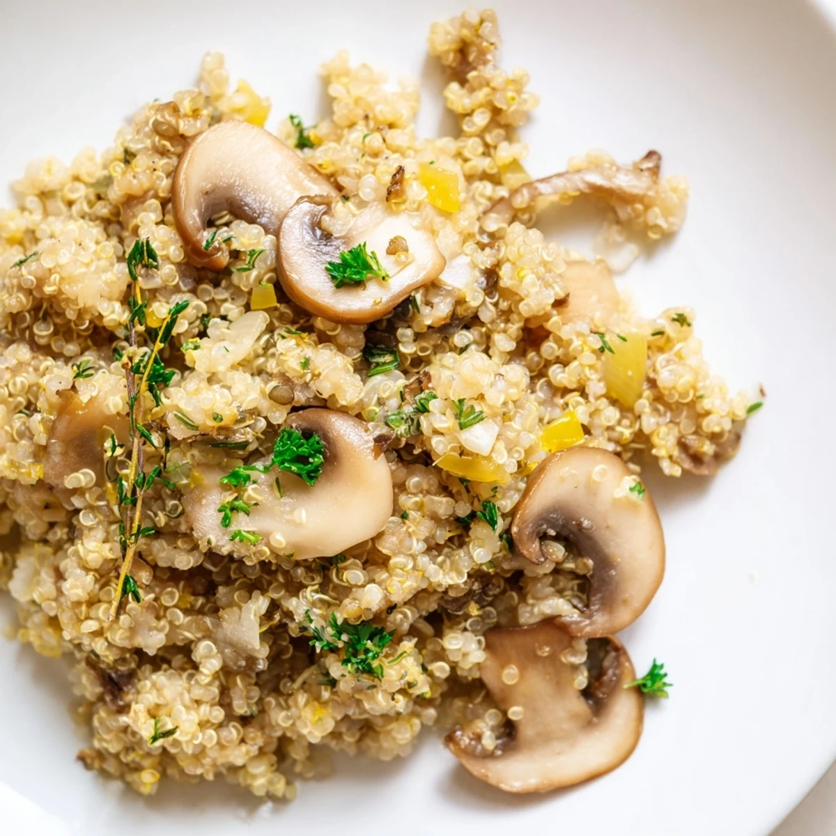 Creamy Mushroom Quinoa Risotto, a comforting vegetarian dish with earthy mushrooms and fresh parsley garnish.