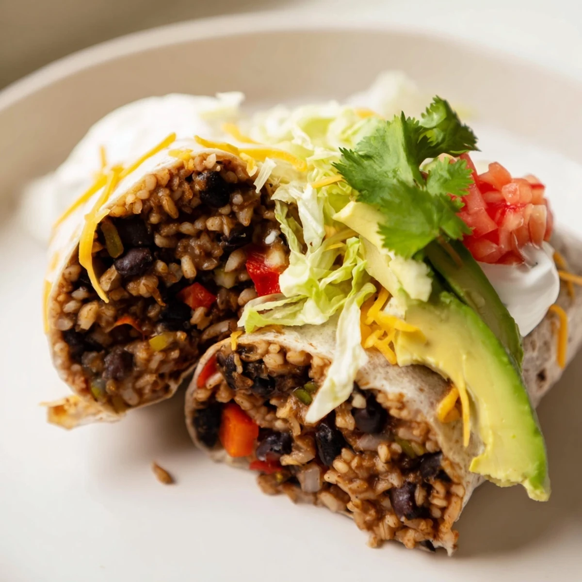 Steaming Smoky Black Bean Burrito, overflowing with beans, vegetables, and creamy toppings, ready to eat.