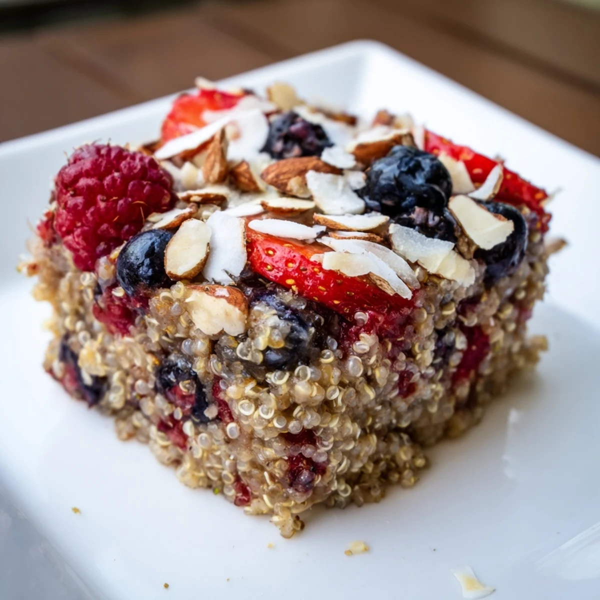 Golden-brown Berry Quinoa Breakfast Bake, warm from the oven, showcasing juicy mixed berries and a nutty quinoa base.