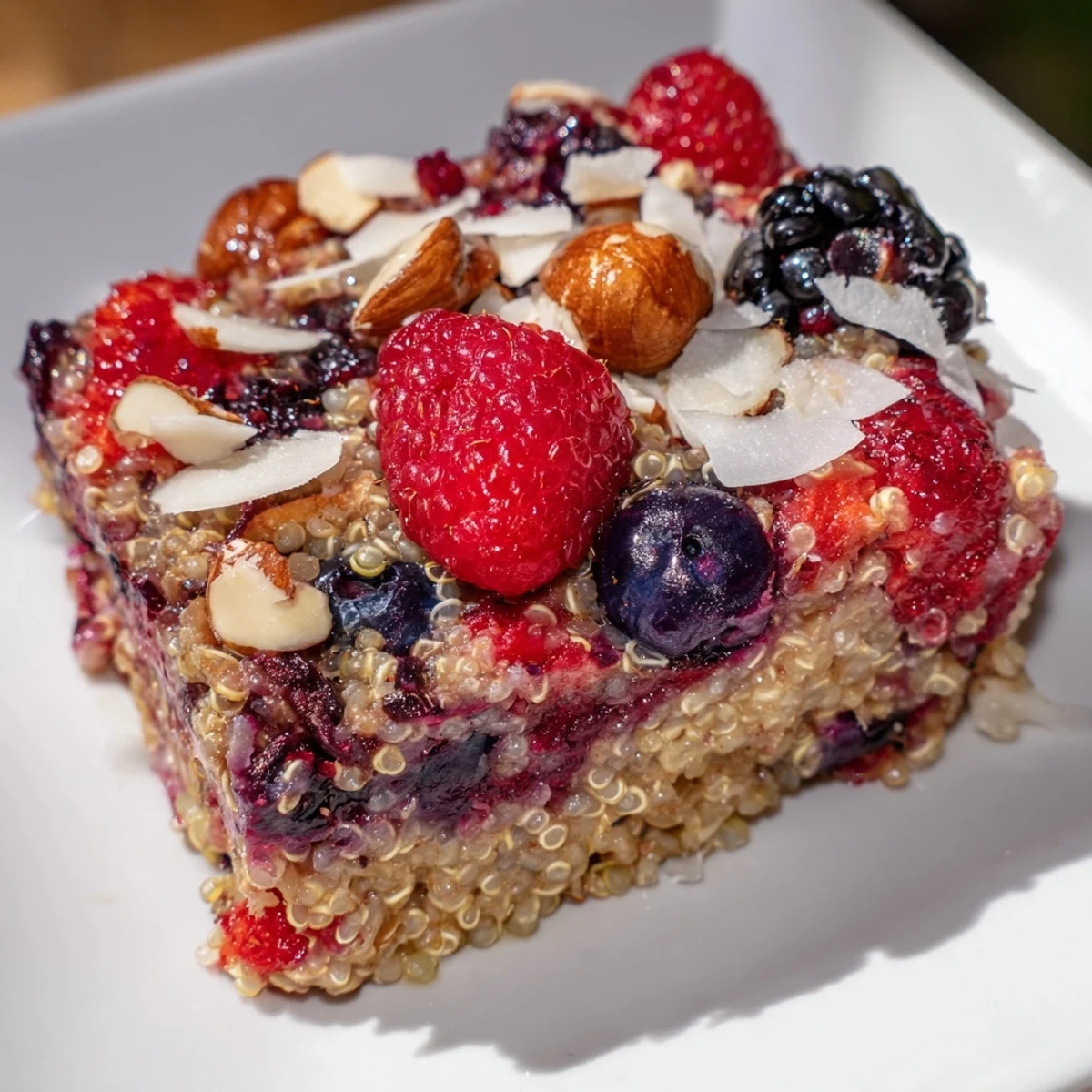 Serving suggestion: Enjoy a hearty portion of Berry Quinoa Breakfast Bake, generously topped with chopped nuts and fresh coconut flakes.