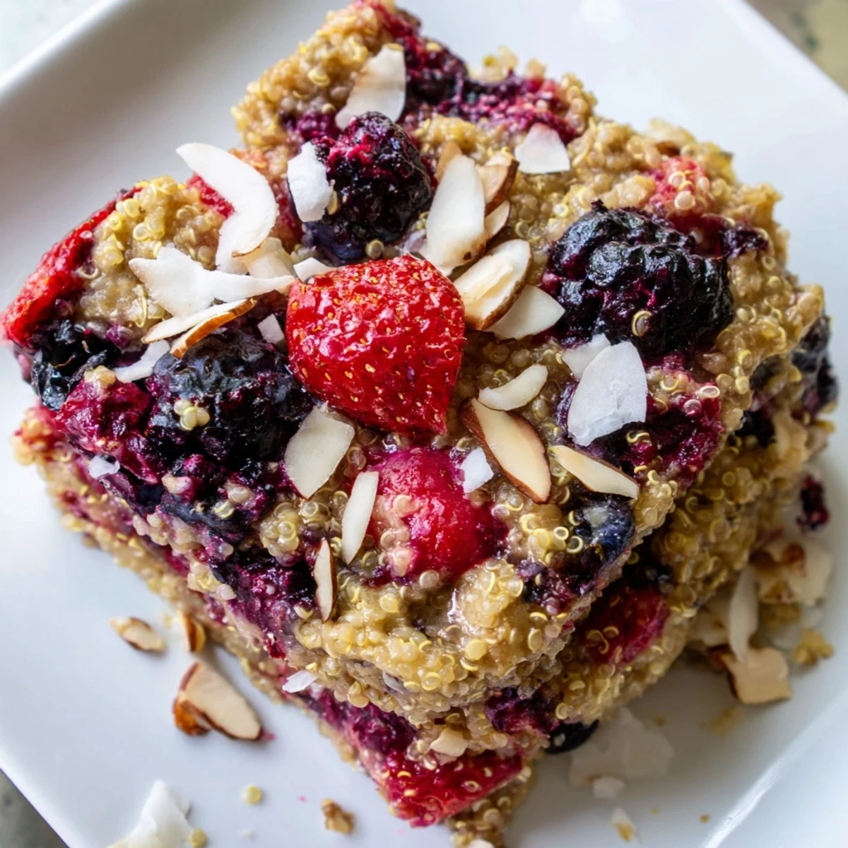 A delightful, close-up view of the Berry Quinoa Breakfast Bake, studded with vibrant berries, perfect for a healthy breakfast.