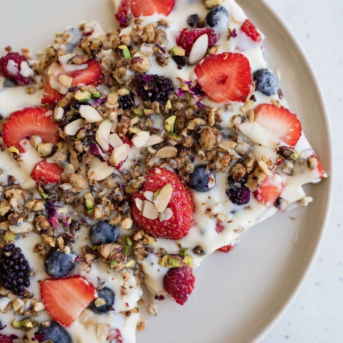 Cool, refreshing Frozen Fruit Yogurt Bark, a healthy snack, ready to be broken into pieces.