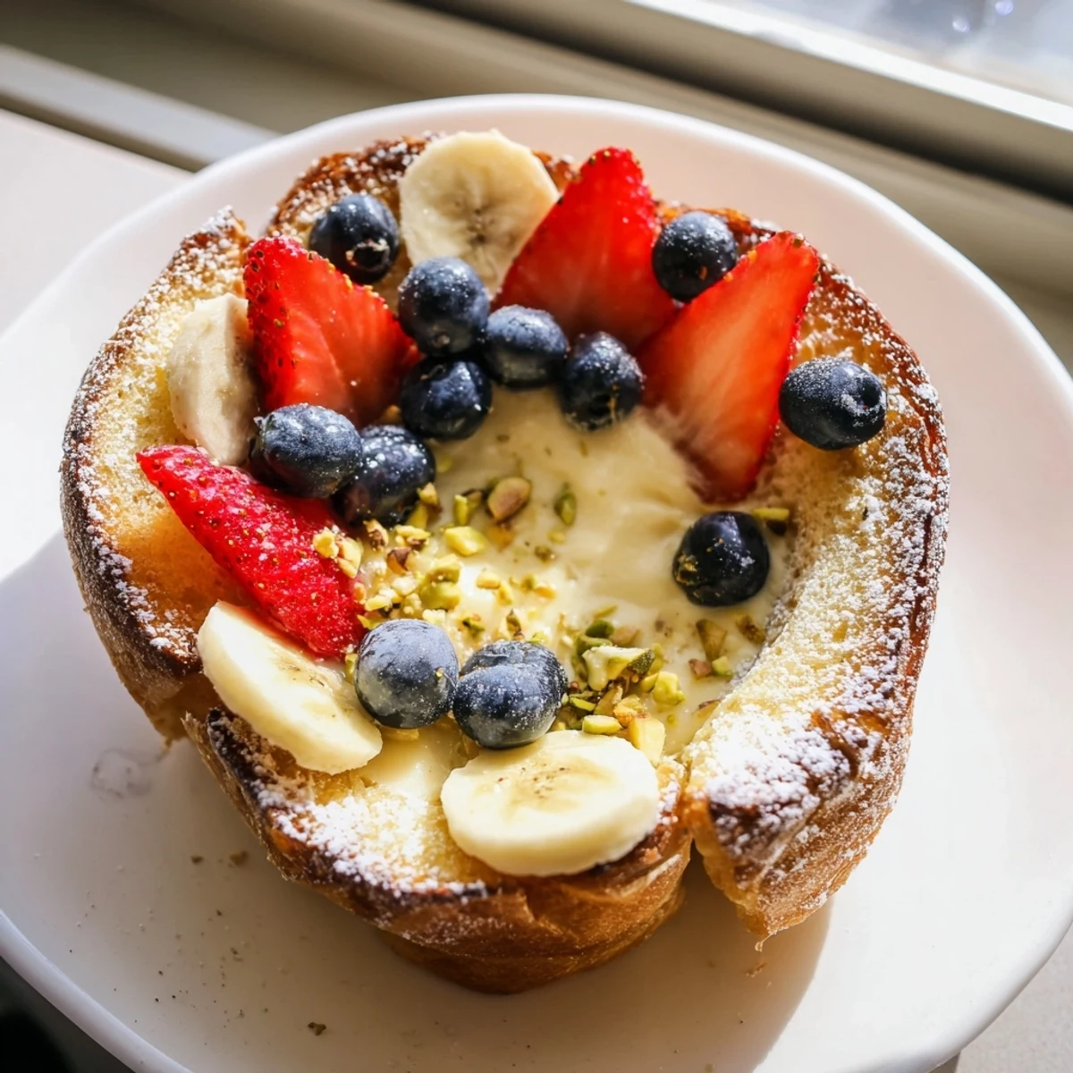 Golden-brown Viral Yogurt Toast, topped with juicy berries, offers a delightful breakfast experience.