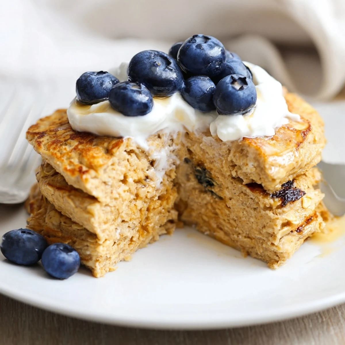 The cooked Protein Pancake Oats, baked with blueberries, are ready to eat and full of flavor.