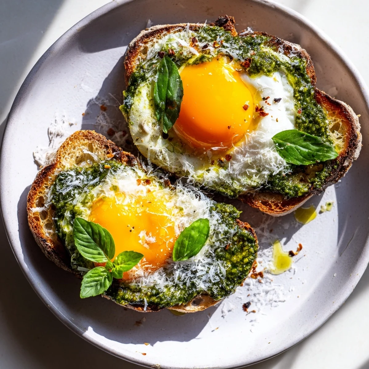 Golden-brown pesto egg toast, topped with jammy eggs and a sprinkle of Parmesan cheese.
