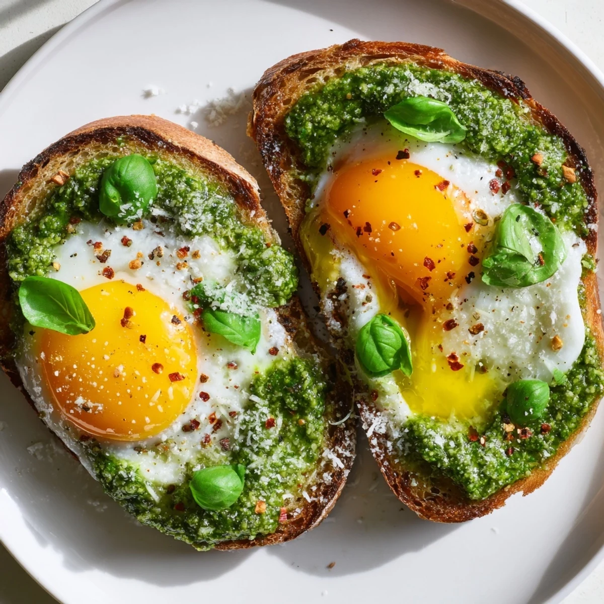 Fresh basil pesto egg toast with perfectly cooked eggs, ready for a delicious brunch.