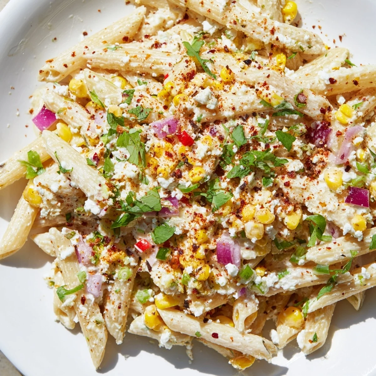 Mexican Street Corn Pasta salad shown, featuring vibrant corn and creamy dressing, perfect for summer.