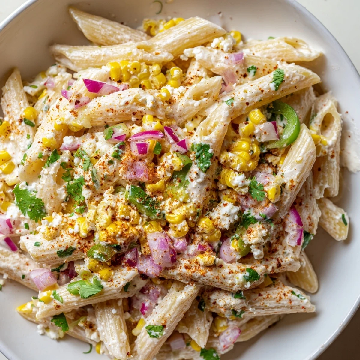 A delicious bowl of Mexican Street Corn Pasta, with visible corn kernels and crumbled cotija cheese.