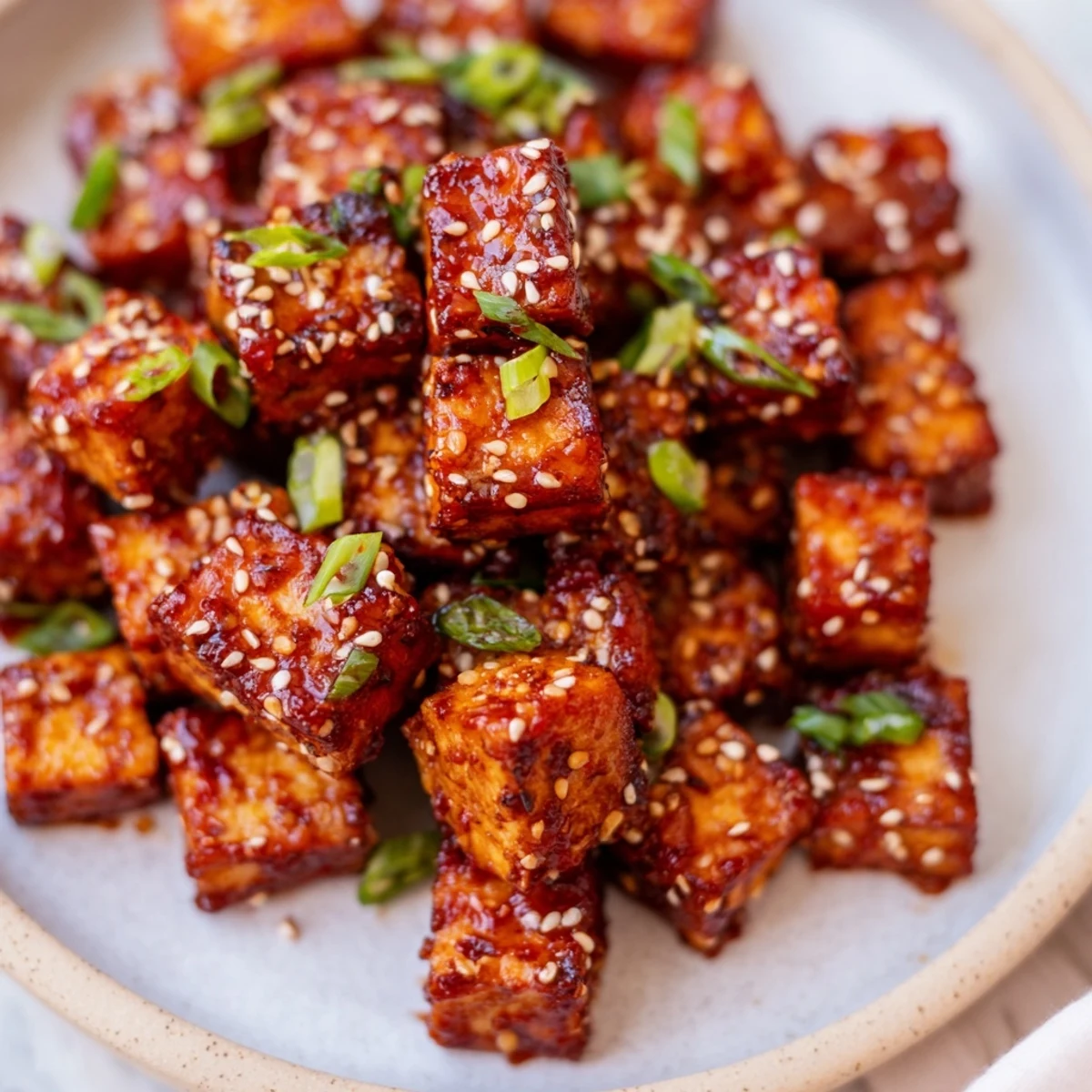 Golden, crispy Honey Gochujang Tofu glistening with a sweet and spicy glaze ready to enjoy.